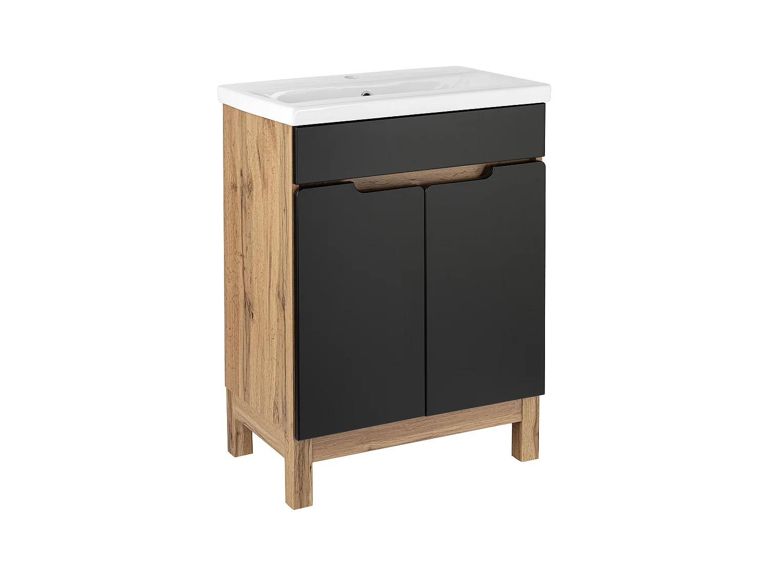 Badezimmer-Set Stehschrank mit Waschbecken 60cm Eiche Wotan / Schwarz Alma 2 Türen