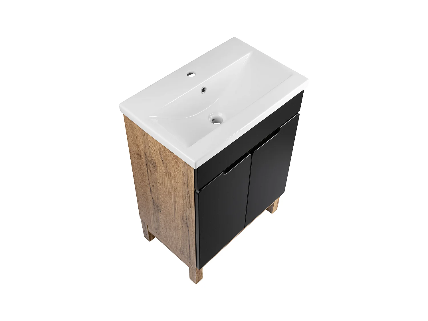 Badezimmer-Set Stehschrank mit Waschbecken 60cm Eiche Wotan / Schwarz Alma 2 Türen