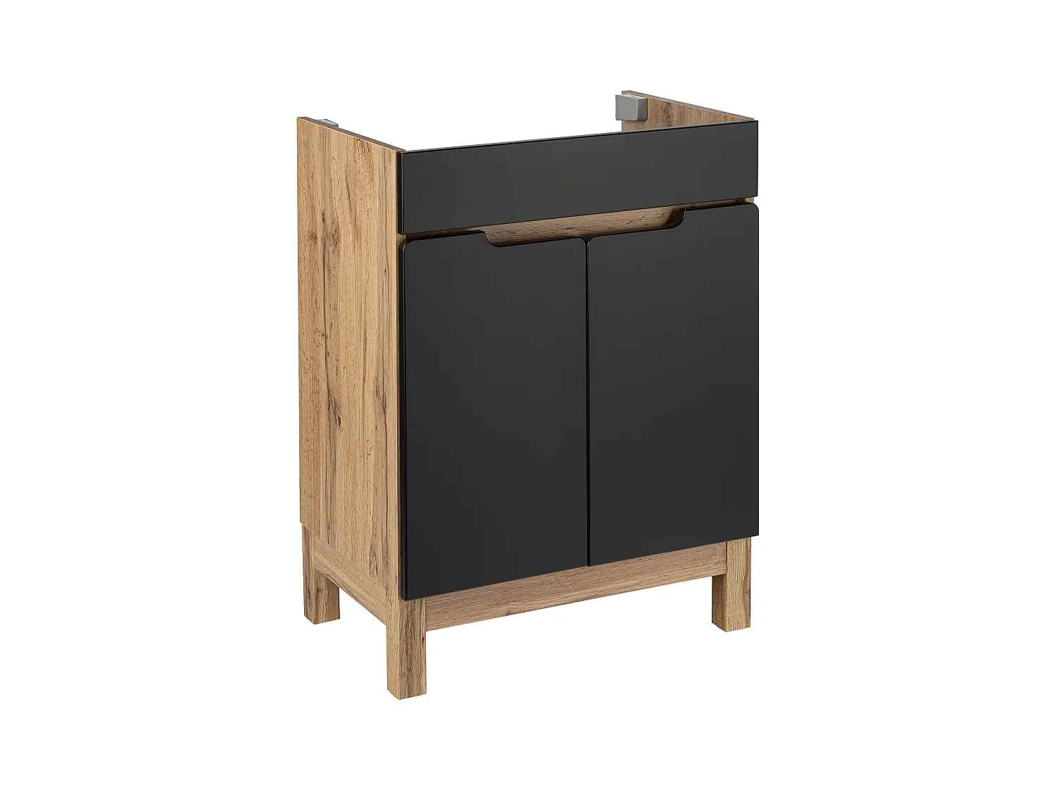 Badezimmer-Set Stehschrank mit Waschbecken 60cm Eiche Wotan / Schwarz Alma 2 Türen