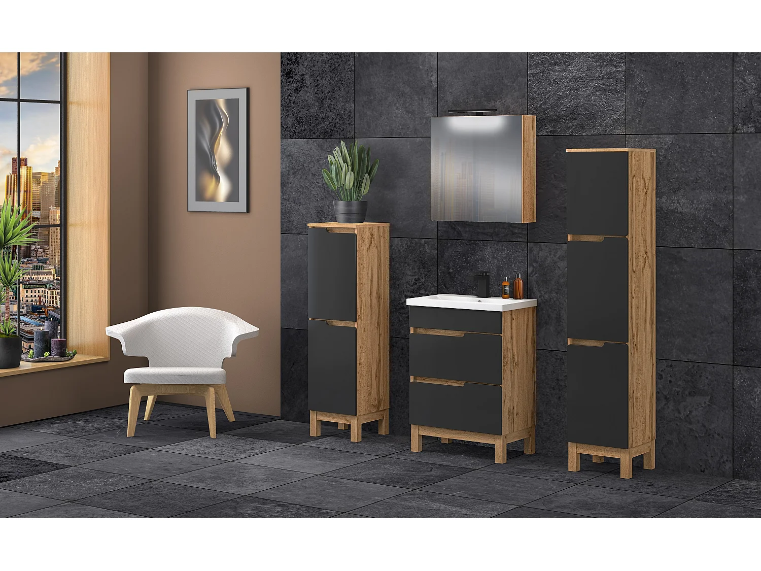 Badkamerset staand kastje met wastafel 60 cm eiken Wotan / zwart Alma