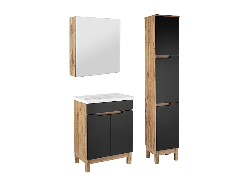 Badkamerset 60 cm Alma Kolom Kast met spiegel Eiken Wotan / Mat zwart