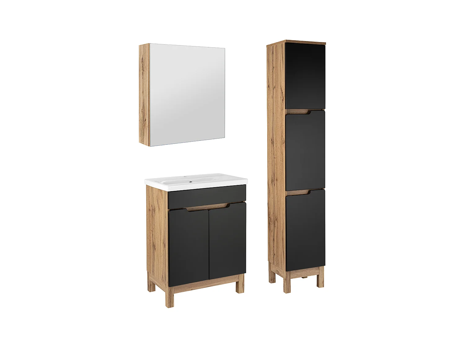 Badkamerset 60 cm Alma Kolom Kast met spiegel Eiken Wotan / Mat zwart