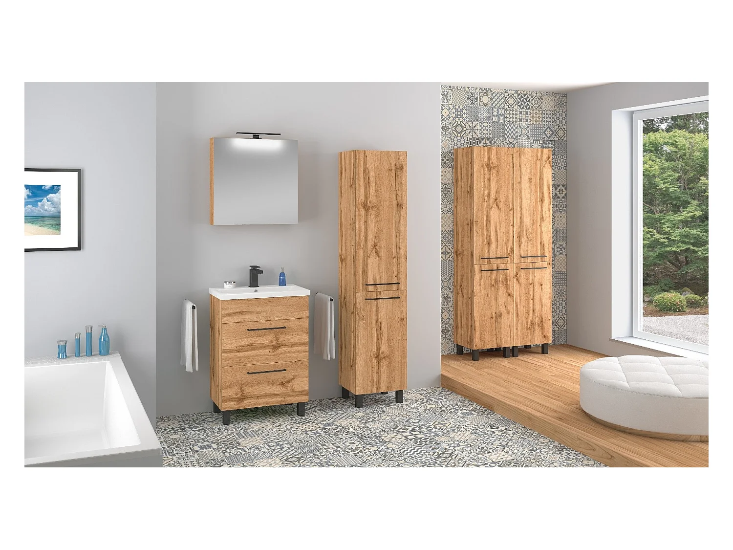 Ensemble de salle de bain 60 cm Meuble sous-vasque sur pied Chêne Wotan Sol Wotan