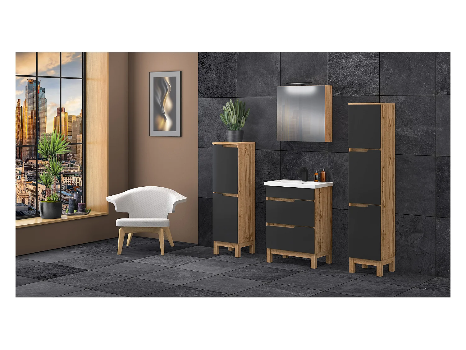Ensemble de salle de bain 60 cm Alma Armoire avec miroir Chêne Wotan / Noir mat