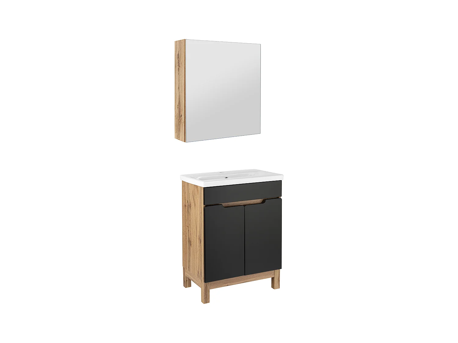 Badkamerset 60 cm Alma Kast met spiegel Eiken Wotan / Mat zwart
