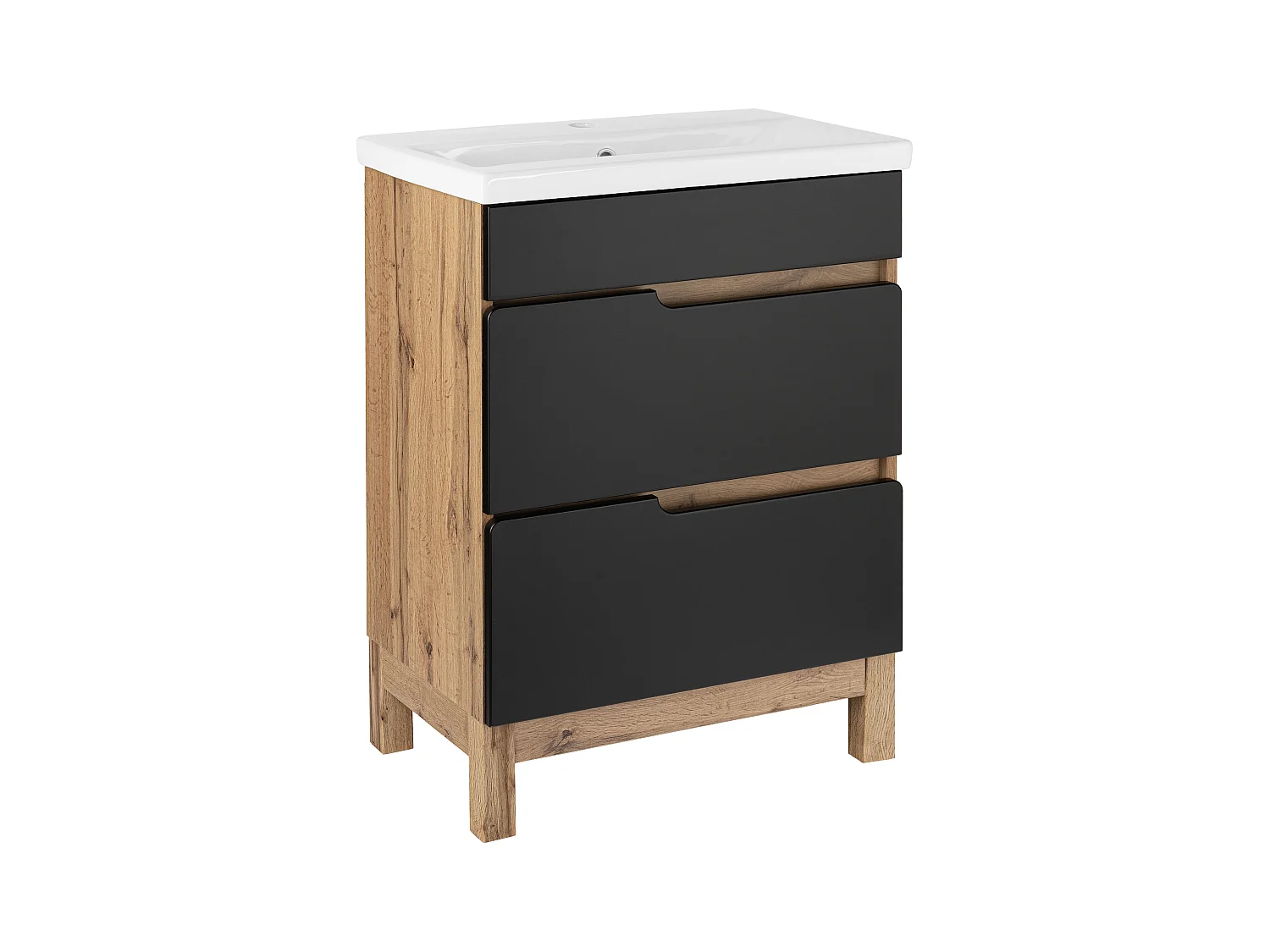 Badezimmer-Set Stehschrank mit Waschbecken 60cm Eiche Wotan / Schwarz Alma 2 Schubladen