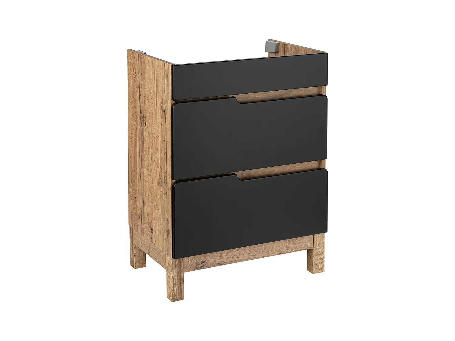 Badezimmer-Set Stehschrank mit Waschbecken 60cm Eiche Wotan / Schwarz Alma 2 Schubladen