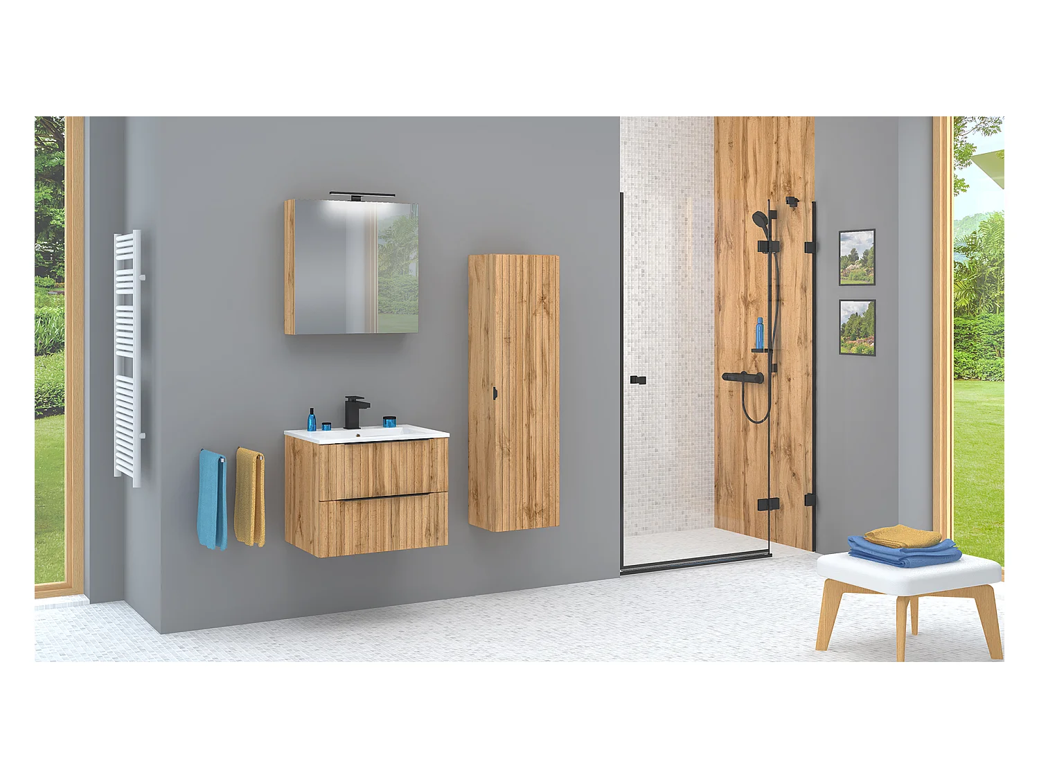 Ensemble de salle de bain rainuré 60 cm Meuble avec lavabo Chêne Wotan Amy