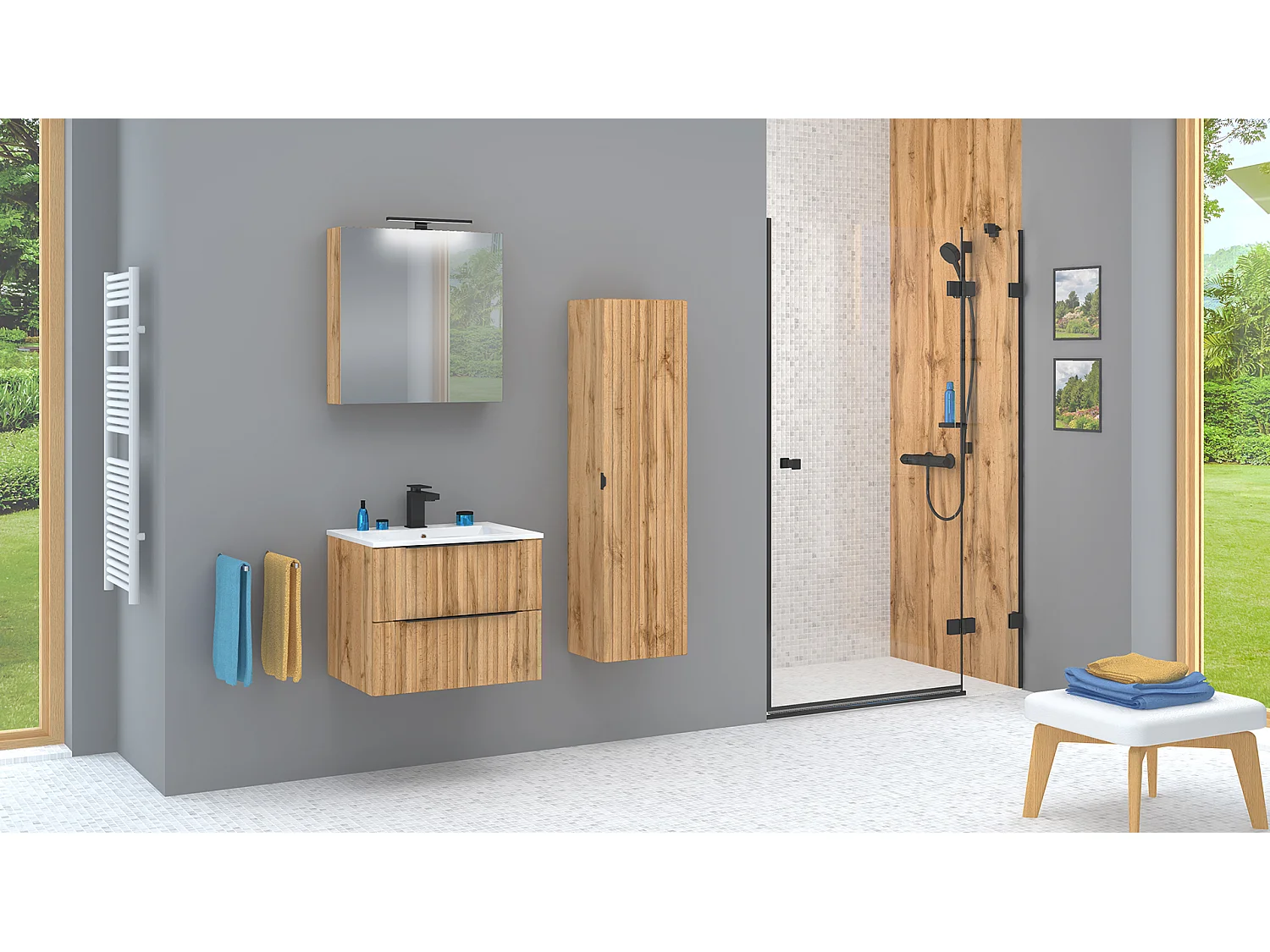 Ensemble de salle de bain rainuré 60 cm Meuble avec lavabo Chêne Wotan Amy