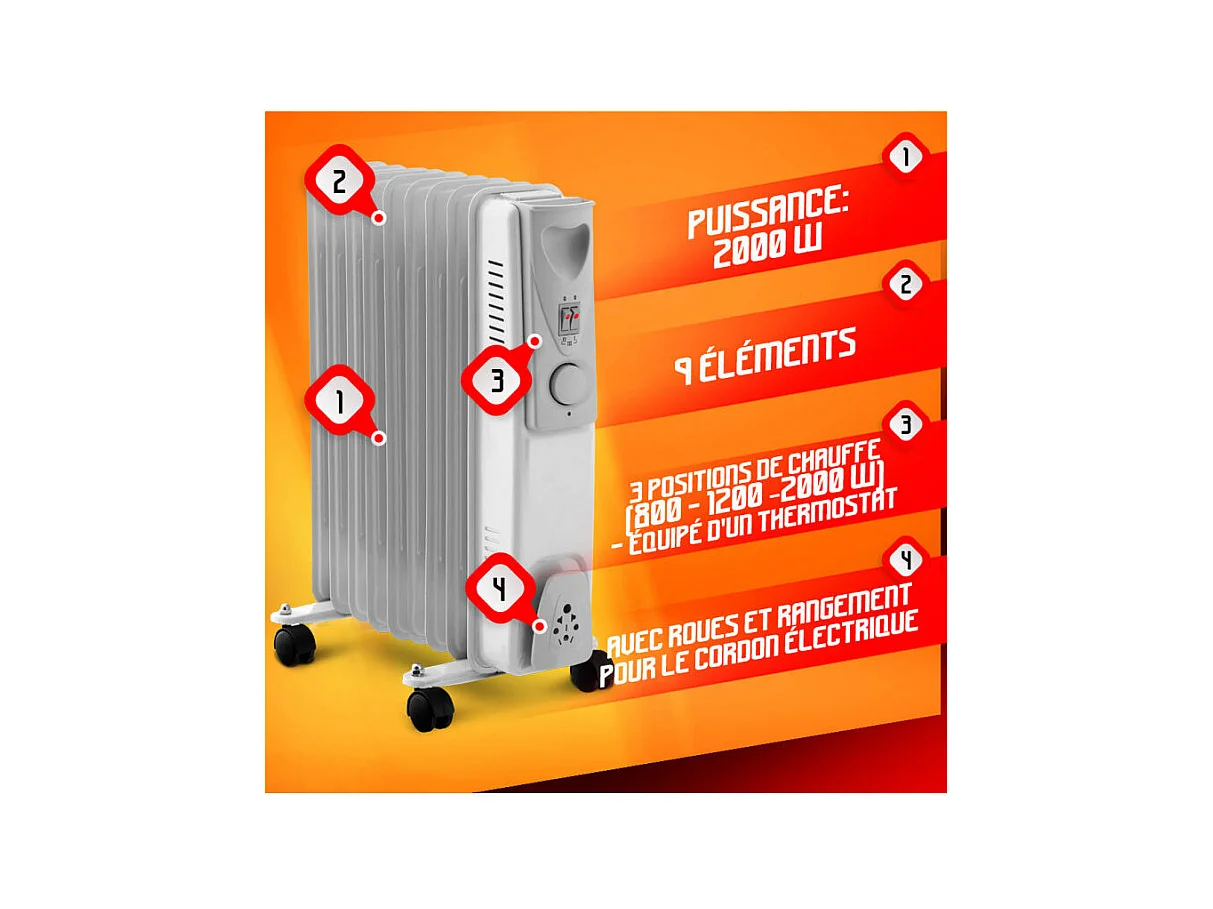 Radiateur à bain d'huile Warm Tech 2500 W, 11 éléments