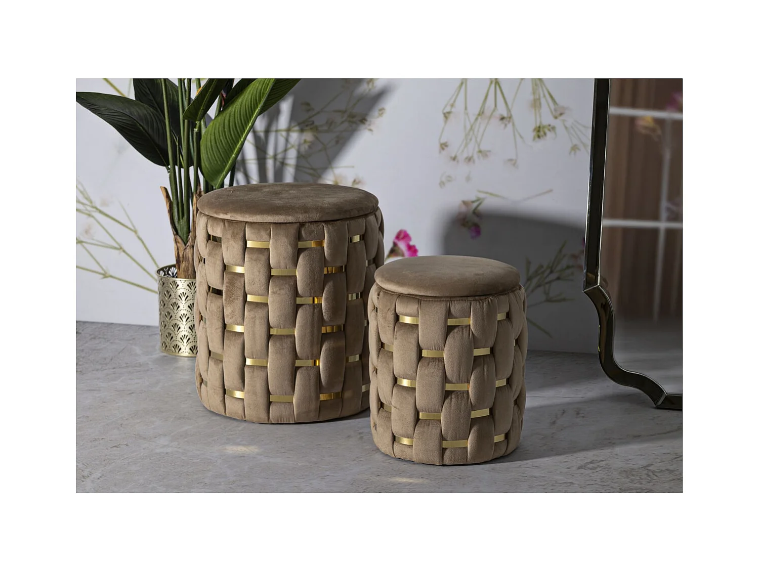 Conjunto de 2 Pufes MF873, Ouro, 37x37x42 cm, Epikasa