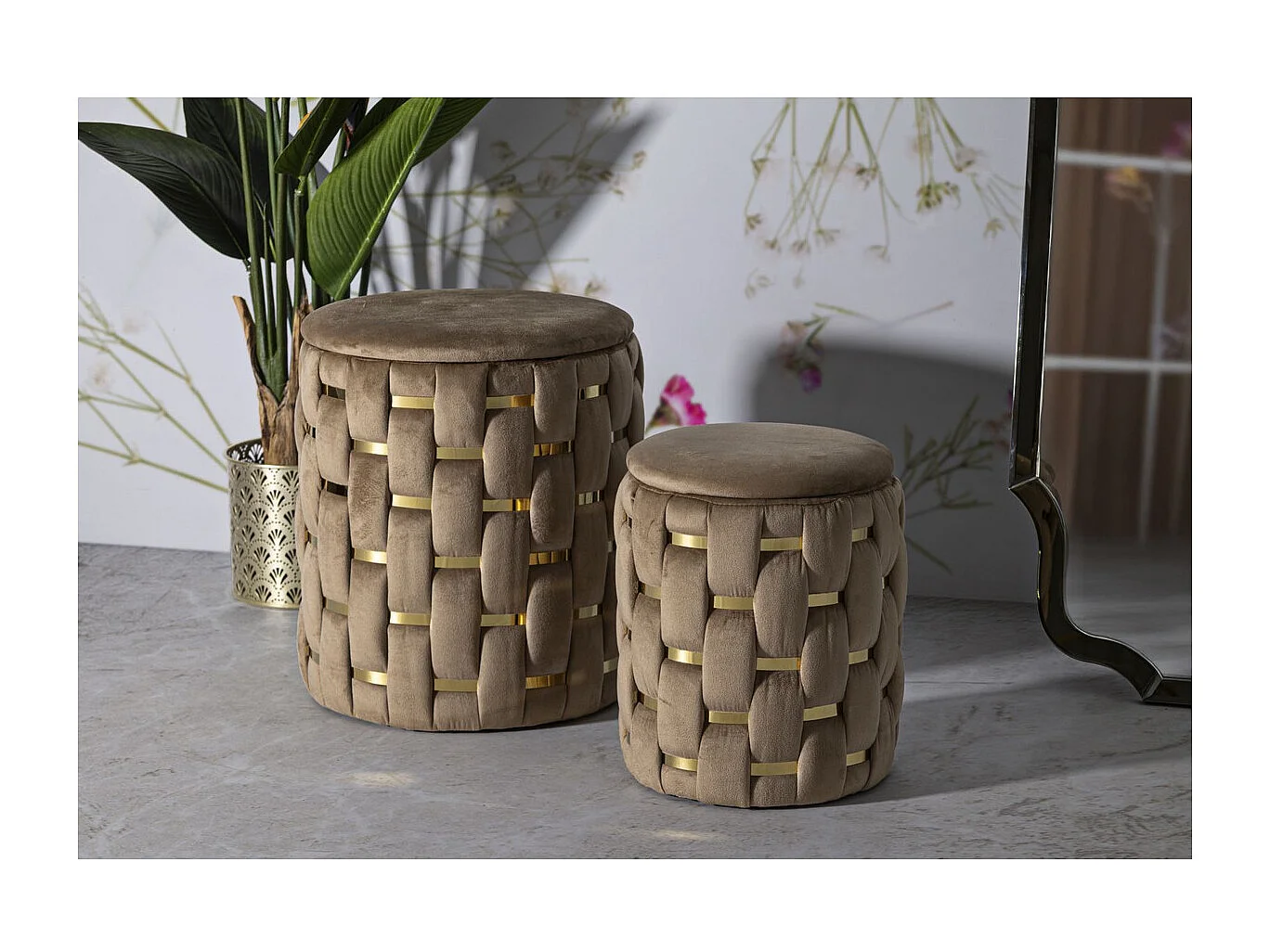 Zestaw 2 Pufami MF873, Złoto, 37x37x42 cm, Seven Design