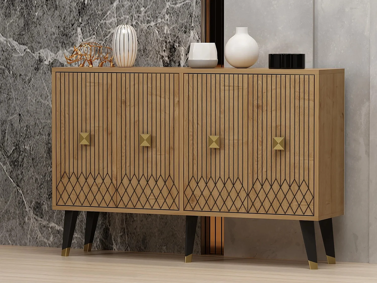 Aparador em Painel de Partículas – 120 x 30 x 80 cm – Carvalho Safira e Dourado