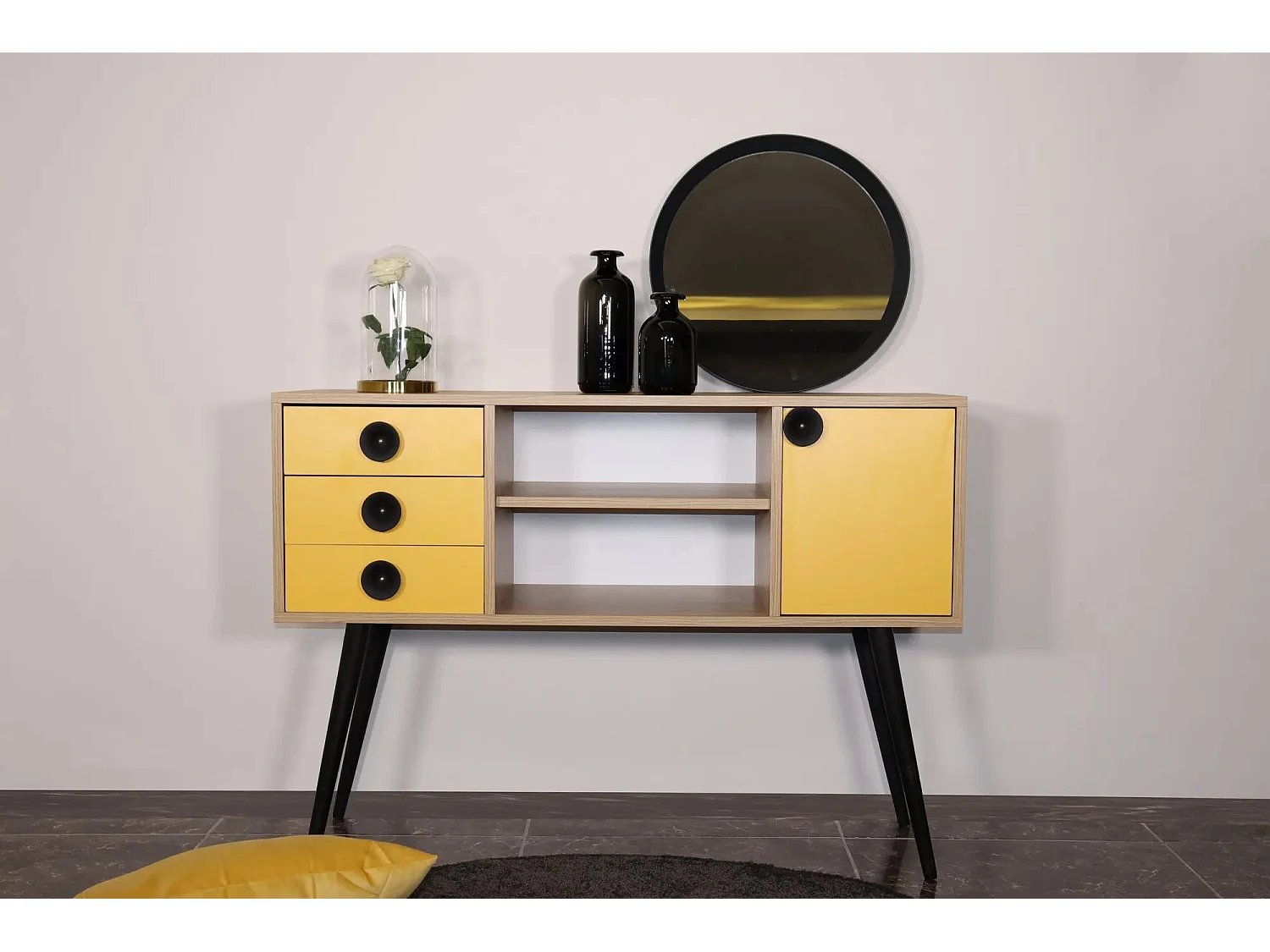 Aparador – 120 cm x 80 cm x 40 cm – Amarelo e Carvalho – Painel de partículas revestido a melamina