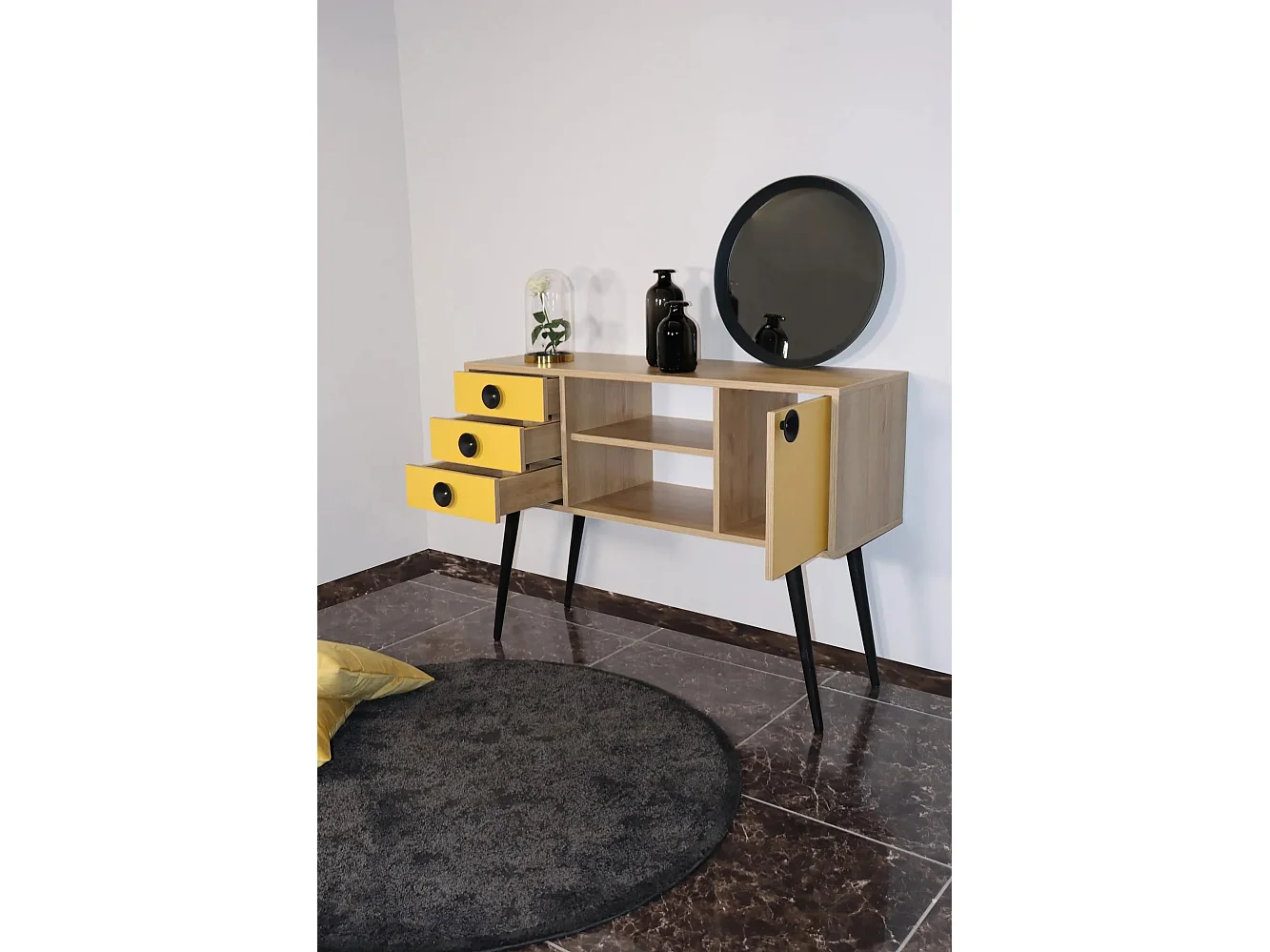 Aparador – 120 cm x 80 cm x 40 cm – Amarelo e Carvalho – Painel de partículas revestido a melamina