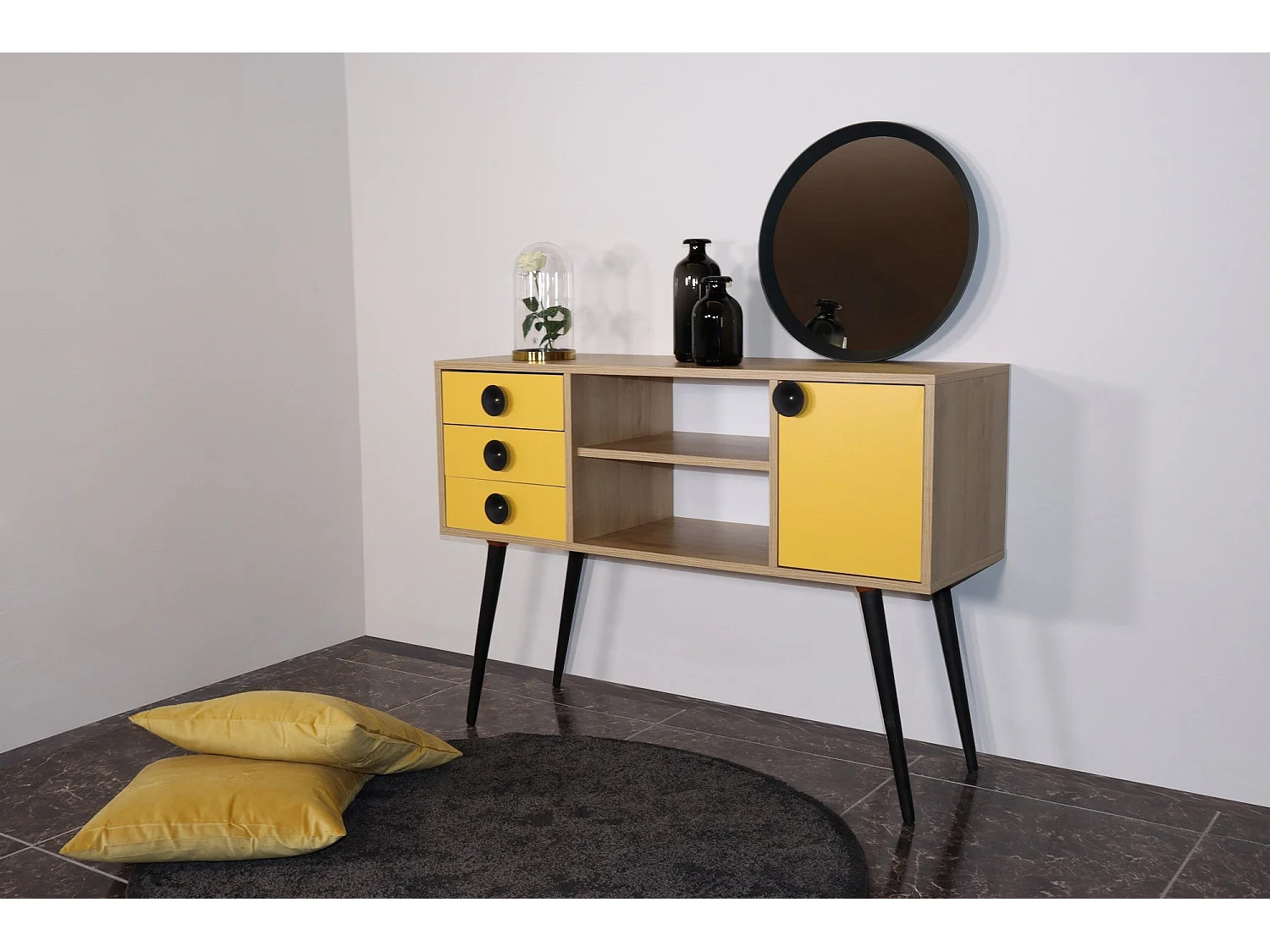 Aparador – 120 cm x 80 cm x 40 cm – Amarelo e Carvalho – Painel de partículas revestido a melamina