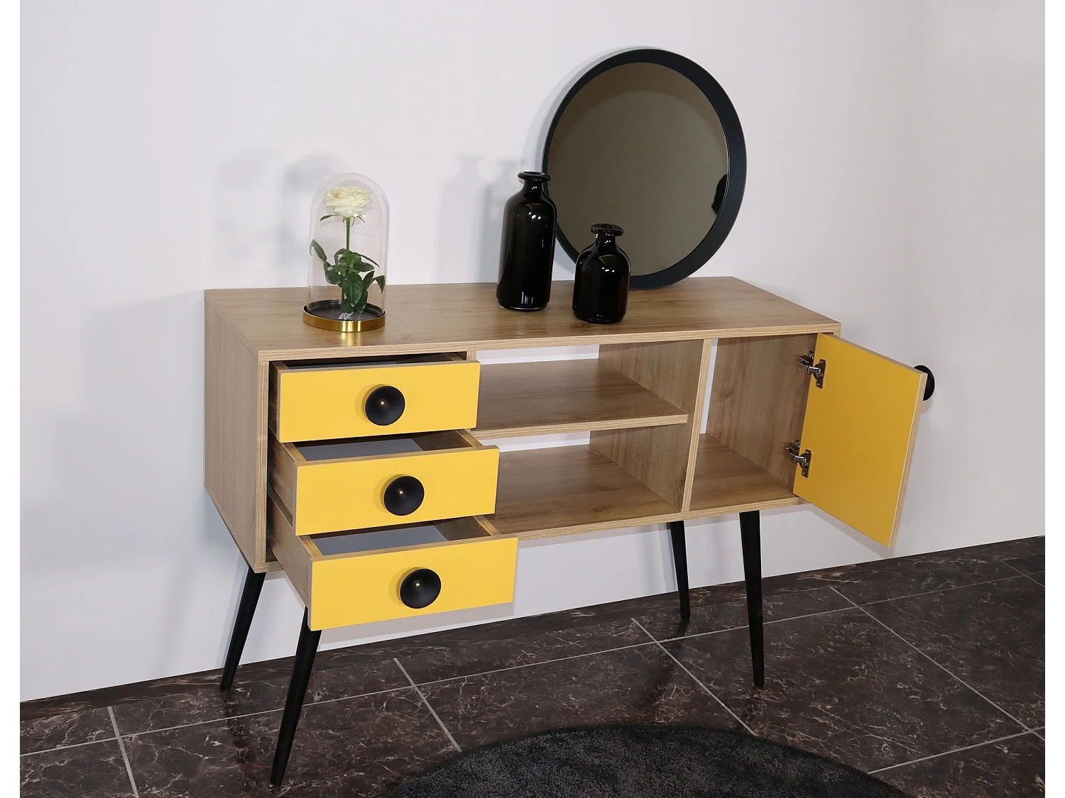 Aparador – 120 cm x 80 cm x 40 cm – Amarelo e Carvalho – Painel de partículas revestido a melamina