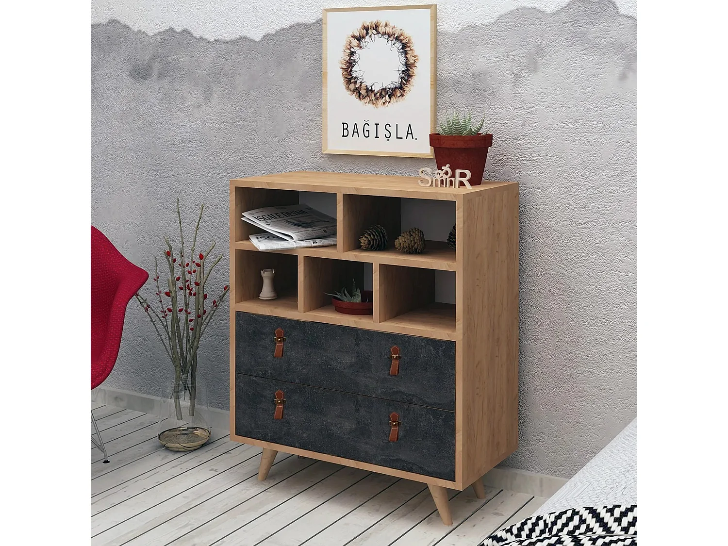 Buffet haut Corday H85,6cm Chêne clair et Effet Béton Noir