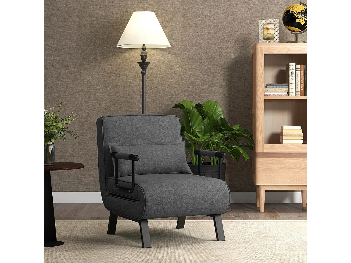 Fauteuil Convertible à Lit 1 Place, Fauteuil de Salon 4-en-1 Dossier Réglable en 6 Positions avec Oreiller Gris Foncé