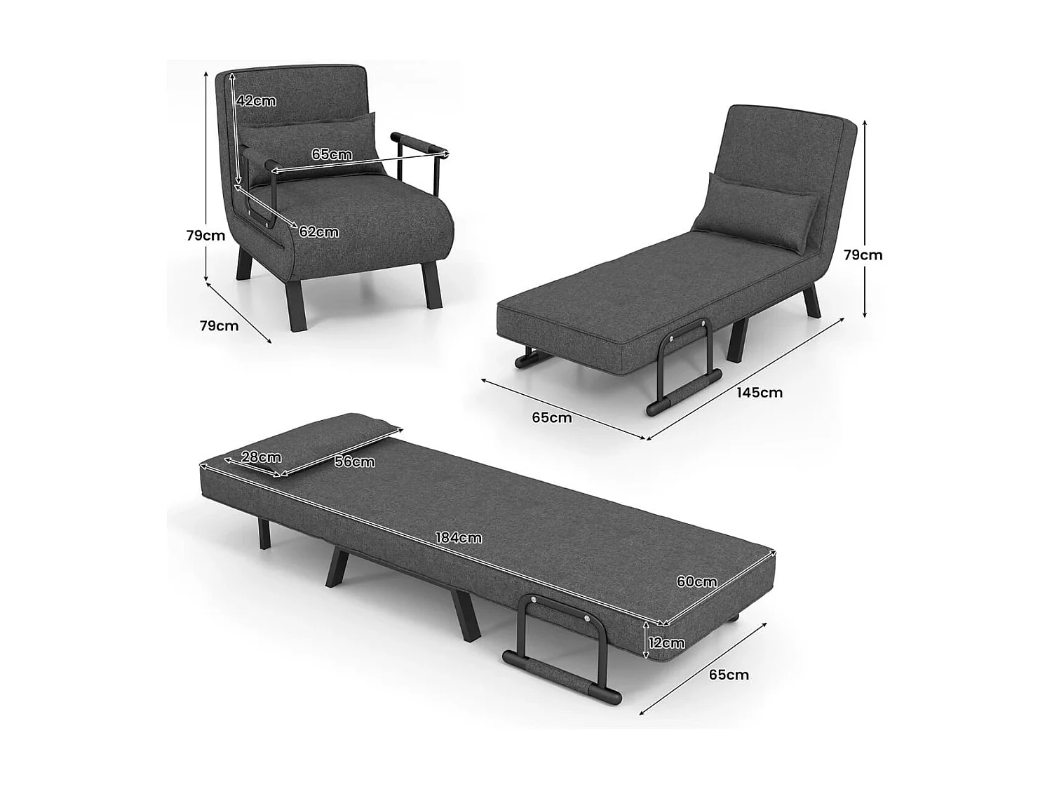 Fauteuil Convertible à Lit 1 Place, Fauteuil de Salon 4-en-1 Dossier Réglable en 6 Positions avec Oreiller Gris Foncé