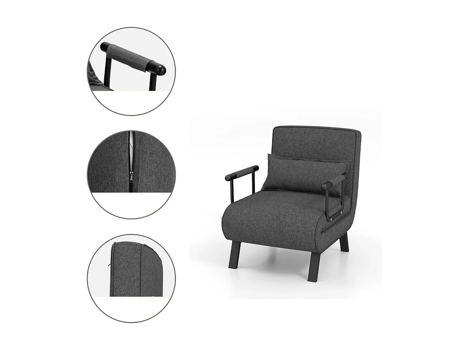 Fauteuil Convertible à Lit 1 Place, Fauteuil de Salon 4-en-1 Dossier Réglable en 6 Positions avec Oreiller Gris Foncé