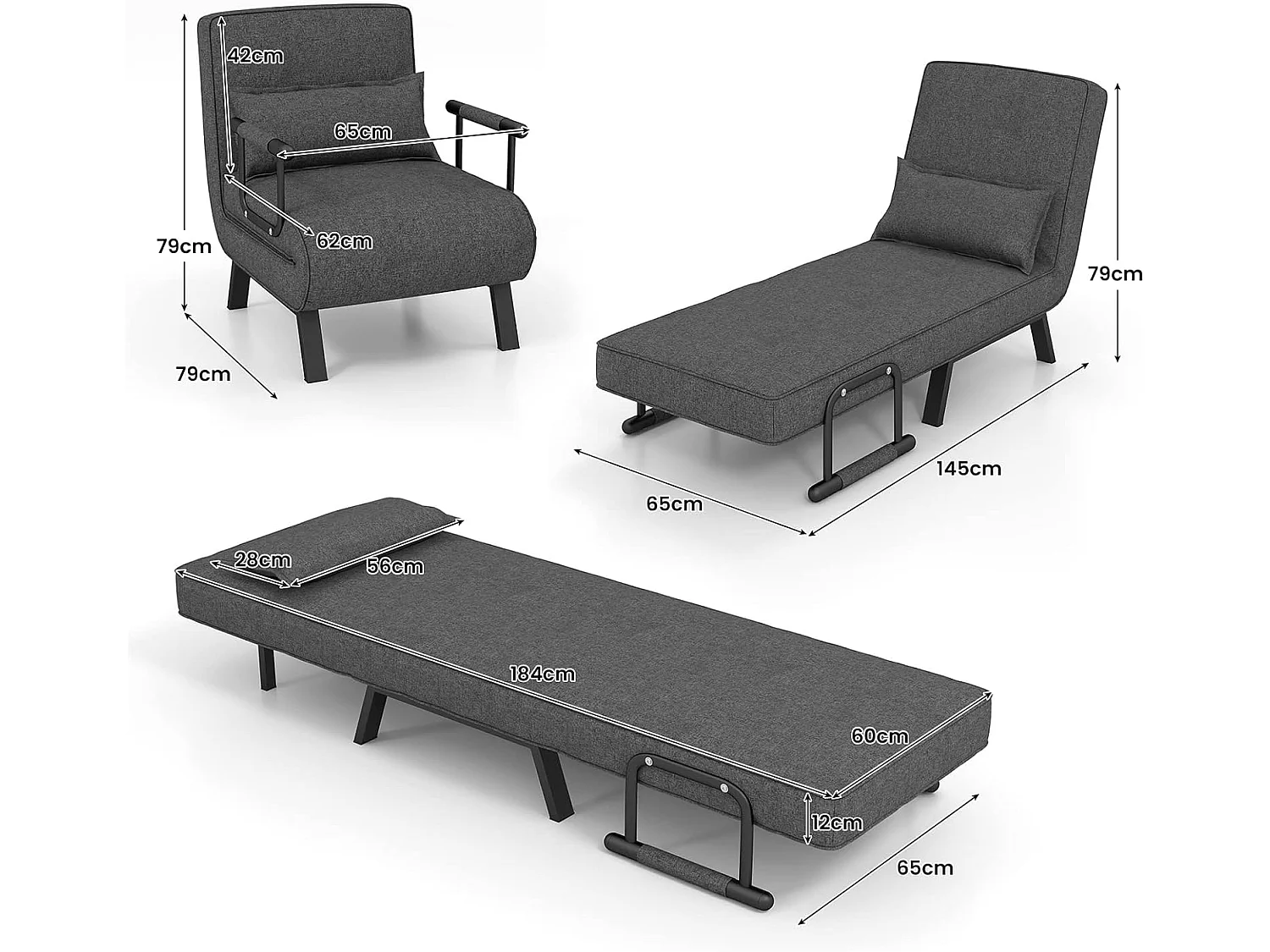 Fauteuil Convertible à Lit 1 Place, Fauteuil de Salon 4-en-1 Dossier Réglable en 6 Positions avec Oreiller Gris Foncé