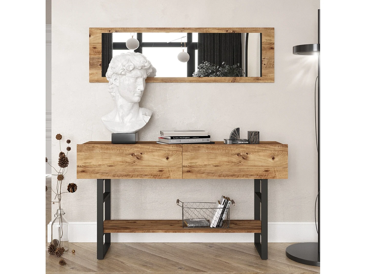 Credenza moderna con specchio, pino atlantico, 139 x 75,7 x 43 cm | Rivestimento in melamina al 100%, spessore 18 mm, struttura in metallo, elegante s