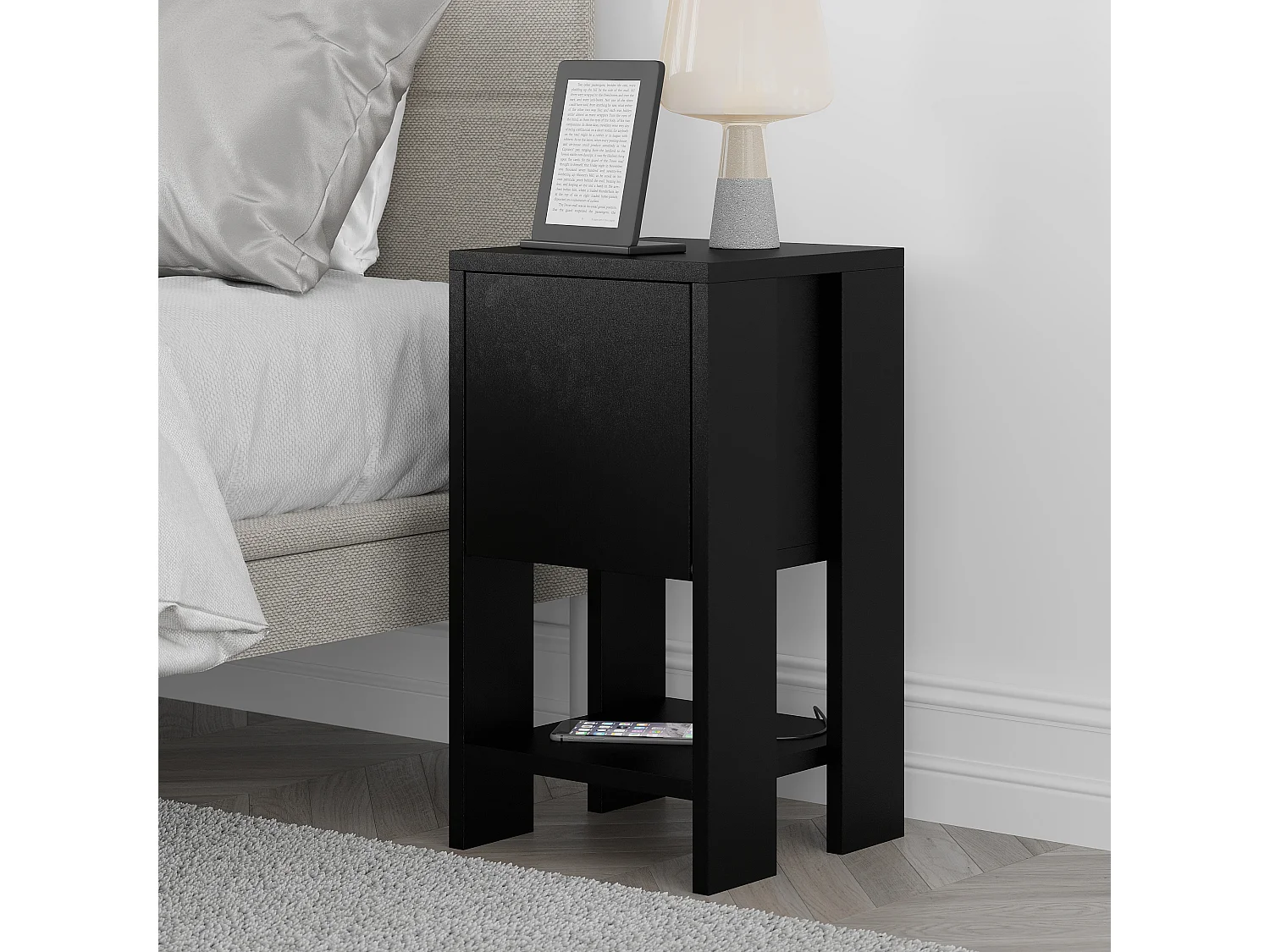 Decortie Ema Table de chevet moderne avec rangement Armoire à portes coulissantes Noir 30cm de largeur