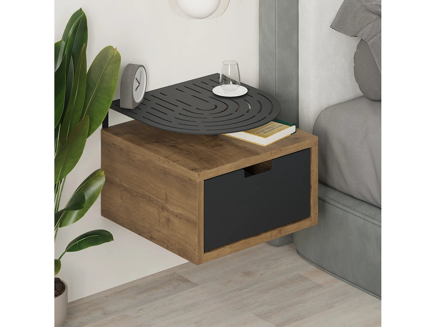 Decortie Modern Oslo Dark Oak Effect Nightstand with Drawer Engineered Wood with Metal Shelf Bedside Table