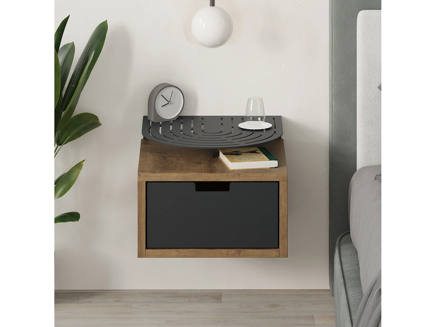 Decortie Modern Oslo Dark Oak Effect Nightstand with Drawer Engineered Wood with Metal Shelf Bedside Table
