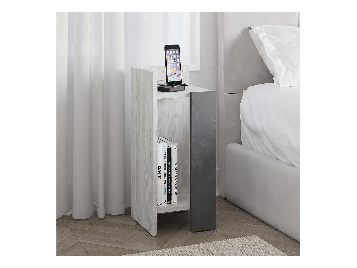 Decortie Elos Table de chevet moderne Module gauche Étroit Ancien Blanc Rétro Gris 25cm