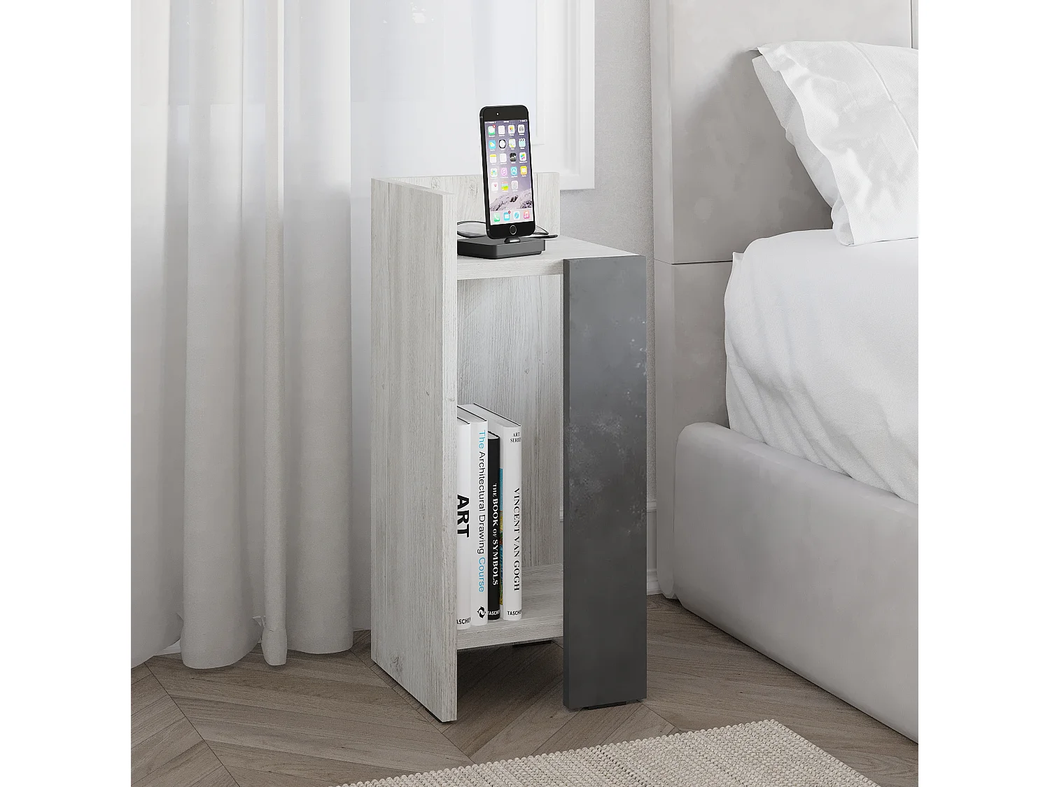 Decortie Elos Table de chevet moderne Module gauche Étroit Ancien Blanc Rétro Gris 25cm