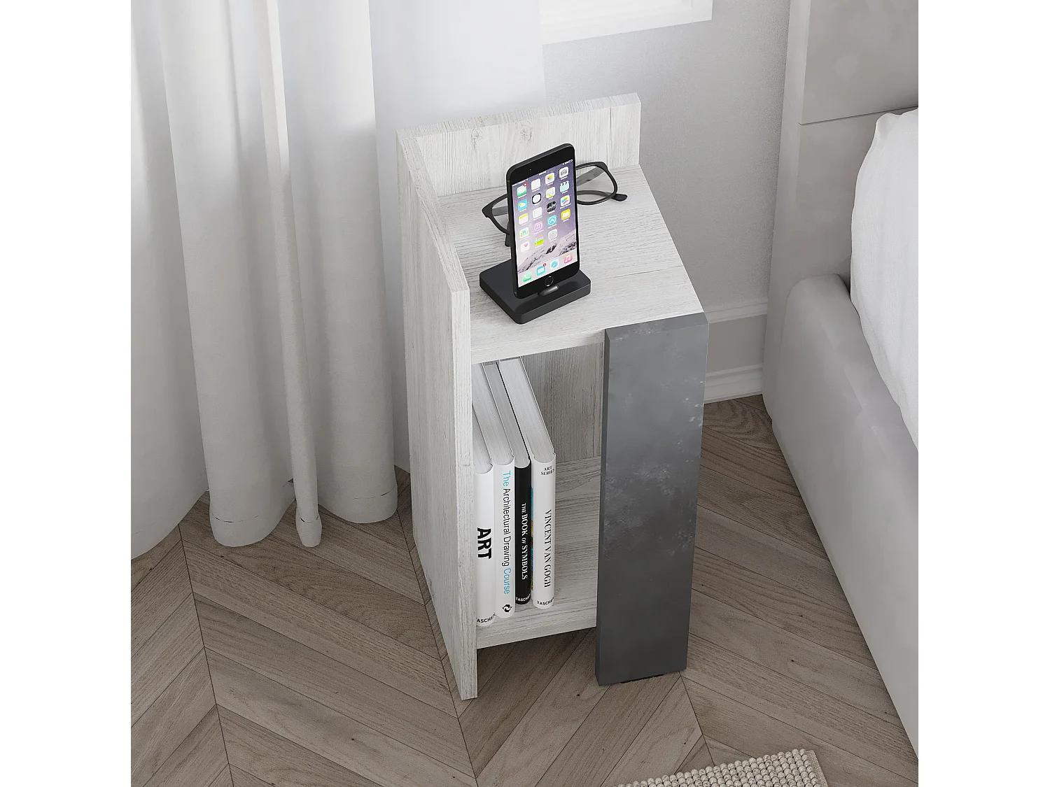 Decortie Elos Table de chevet moderne Module gauche Étroit Ancien Blanc Rétro Gris 25cm