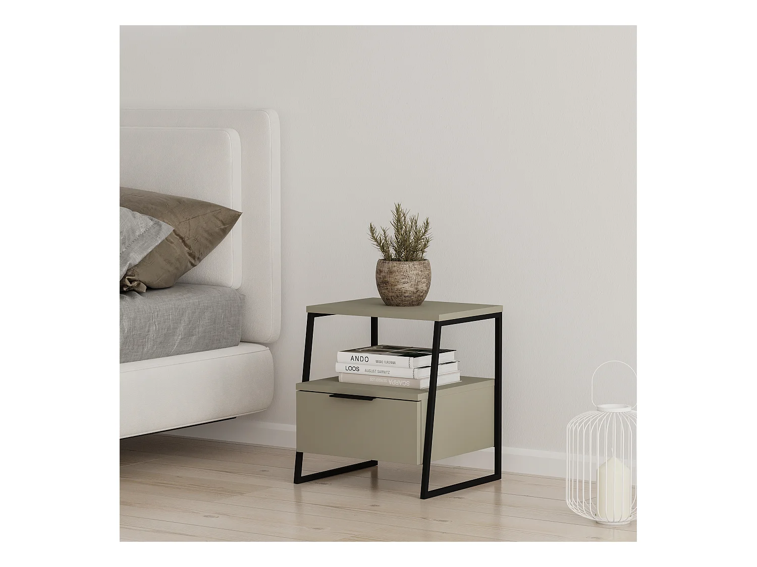 Decortie Pal Table de chevet moderne avec tiroir Vert cendré Largeur 45cm Mobilier de chambre à coucher