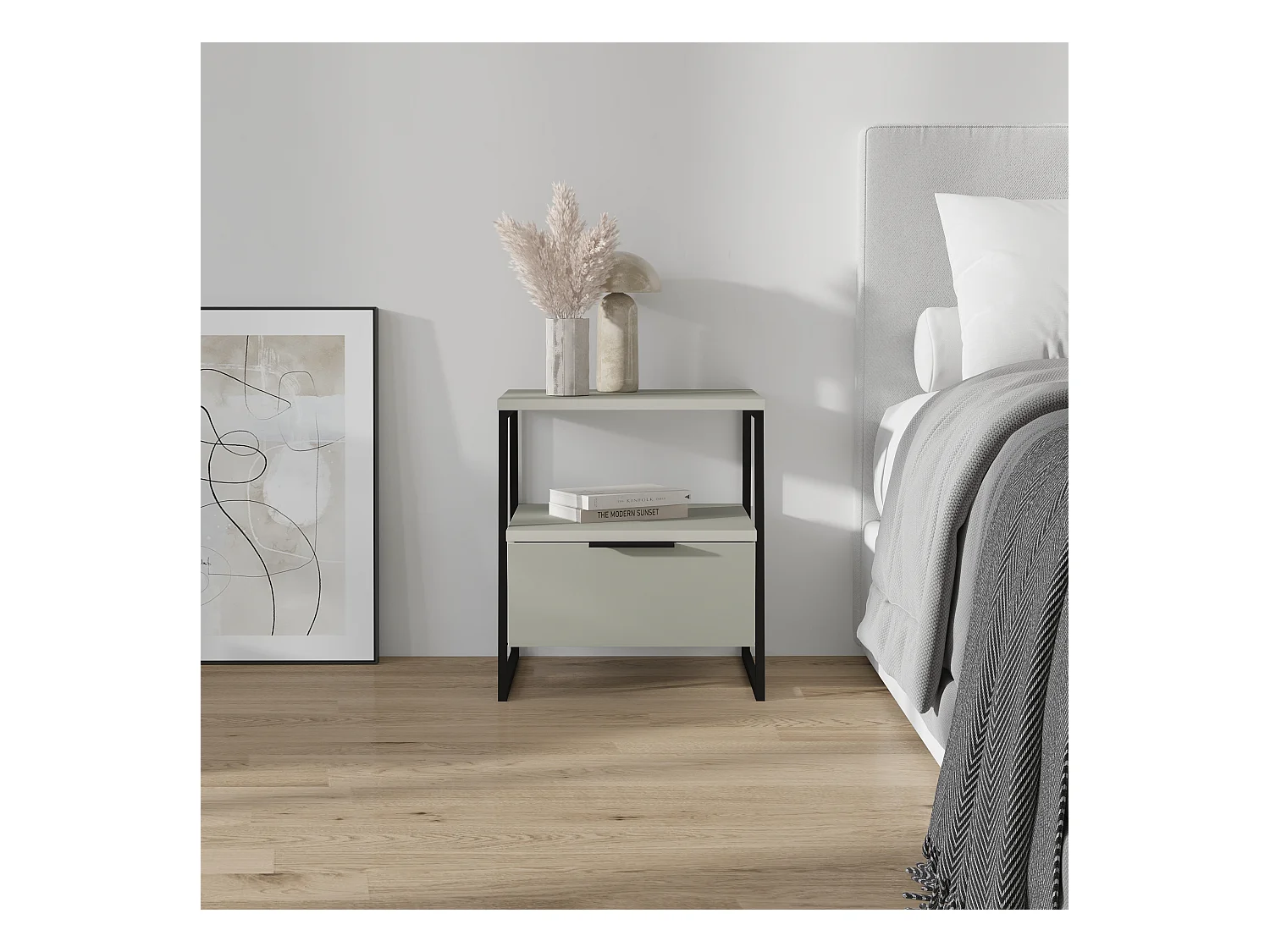 Decortie Pal Table de chevet moderne avec tiroir Vert cendré Largeur 45cm Mobilier de chambre à coucher