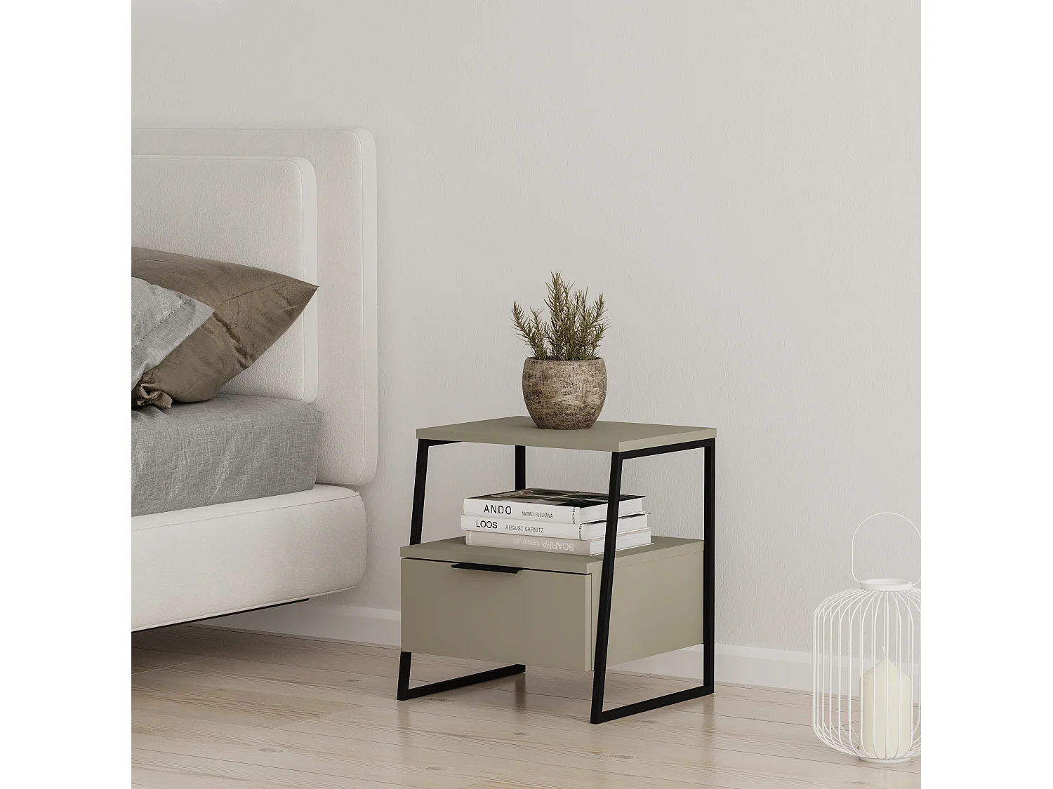 Decortie Pal Table de chevet moderne avec tiroir Vert cendré Largeur 45cm Mobilier de chambre à coucher