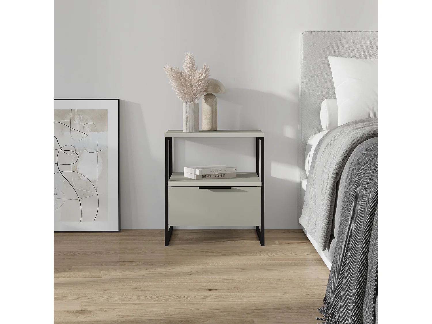 Decortie Pal Table de chevet moderne avec tiroir Vert cendré Largeur 45cm Mobilier de chambre à coucher