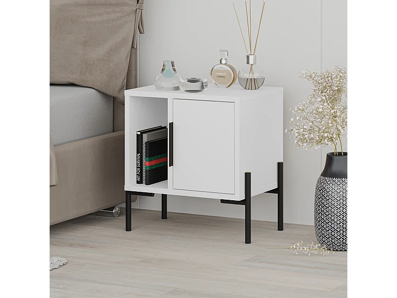 Decortie Modern Glynn Bedside Table White w/Black Metal T Legs 48(D)cm Nightstand 1-Door Storage Cabinet Metal Handle Bedroom Home