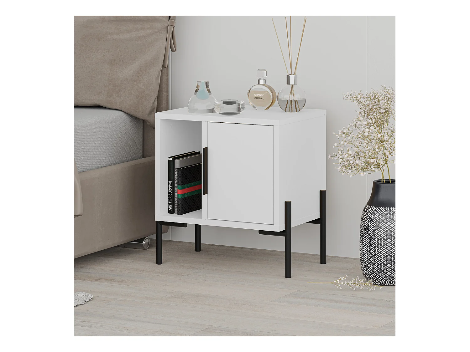 Decortie Modern Glynn Bedside Table White w/Black Metal T Legs 48(D)cm Nightstand 1-Door Storage Cabinet Metal Handle Bedroom Home