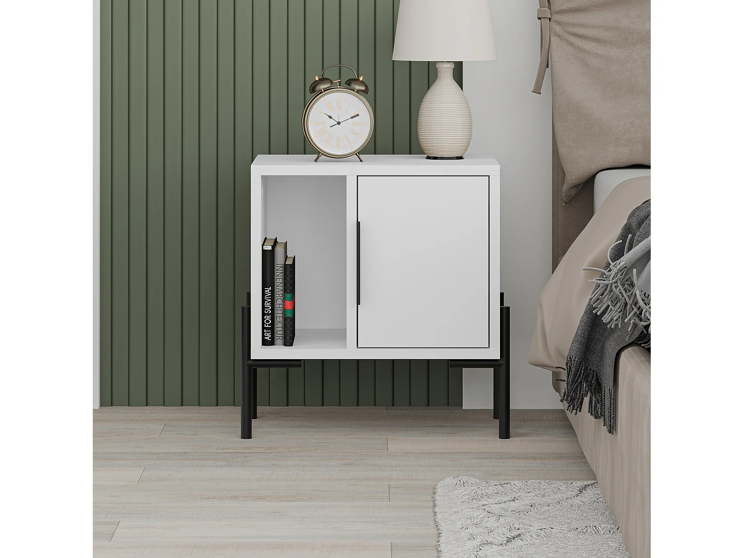 Decortie Modern Glynn Bedside Table White w/Black Metal T Legs 48(D)cm Nightstand 1-Door Storage Cabinet Metal Handle Bedroom Home