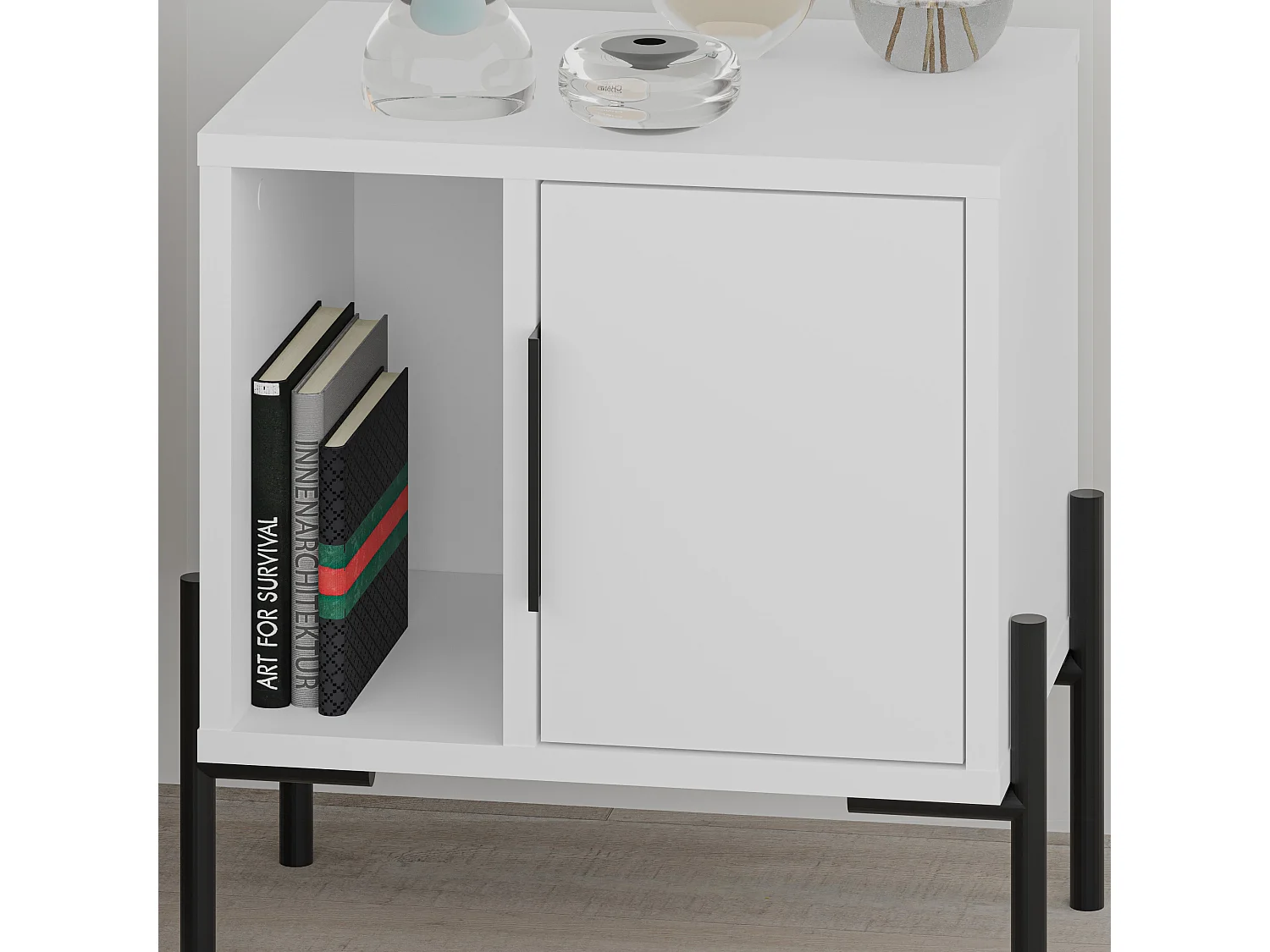 Decortie Modern Glynn Bedside Table White w/Black Metal T Legs 48(D)cm Nightstand 1-Door Storage Cabinet Metal Handle Bedroom Home