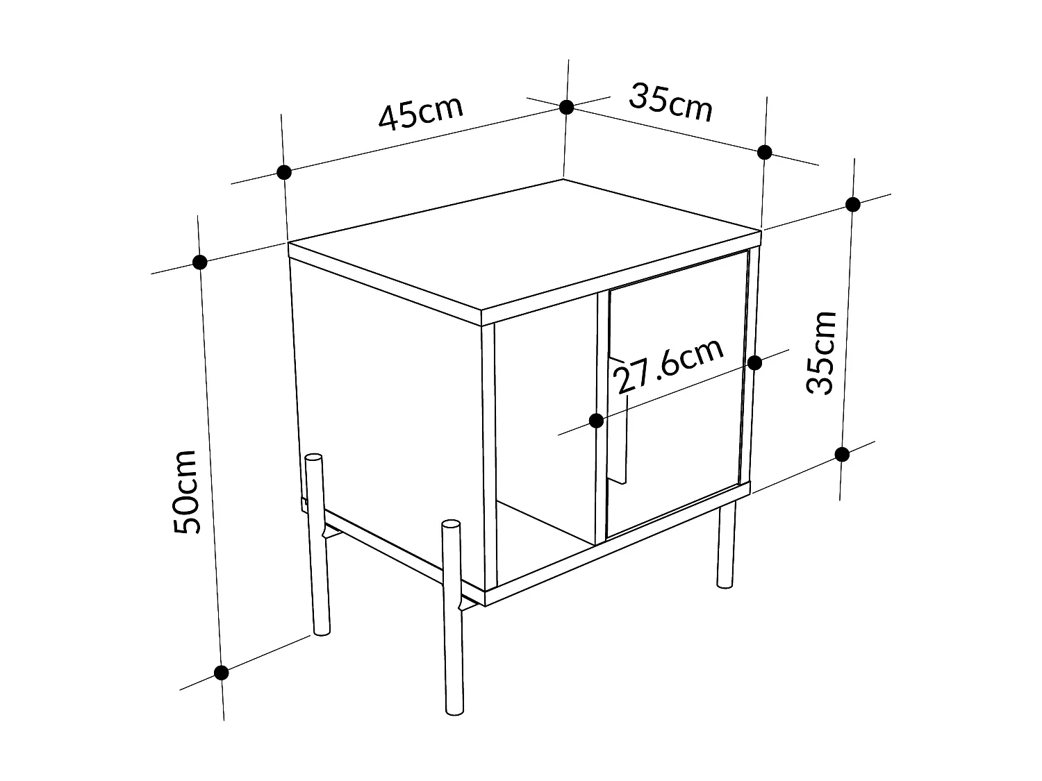 Decortie Modern Glynn Bedside Table White w/Black Metal T Legs 48(D)cm Nightstand 1-Door Storage Cabinet Metal Handle Bedroom Home