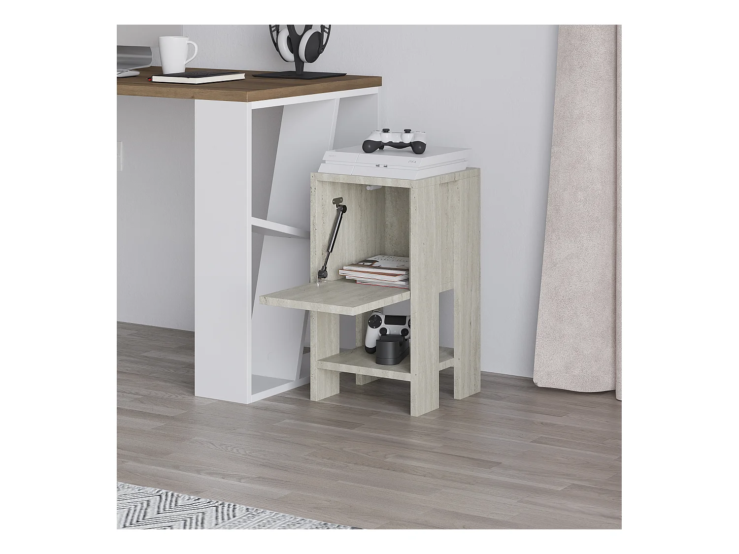 Decortie Ema Table de chevet moderne avec rangements Travertin 30cm de largeur