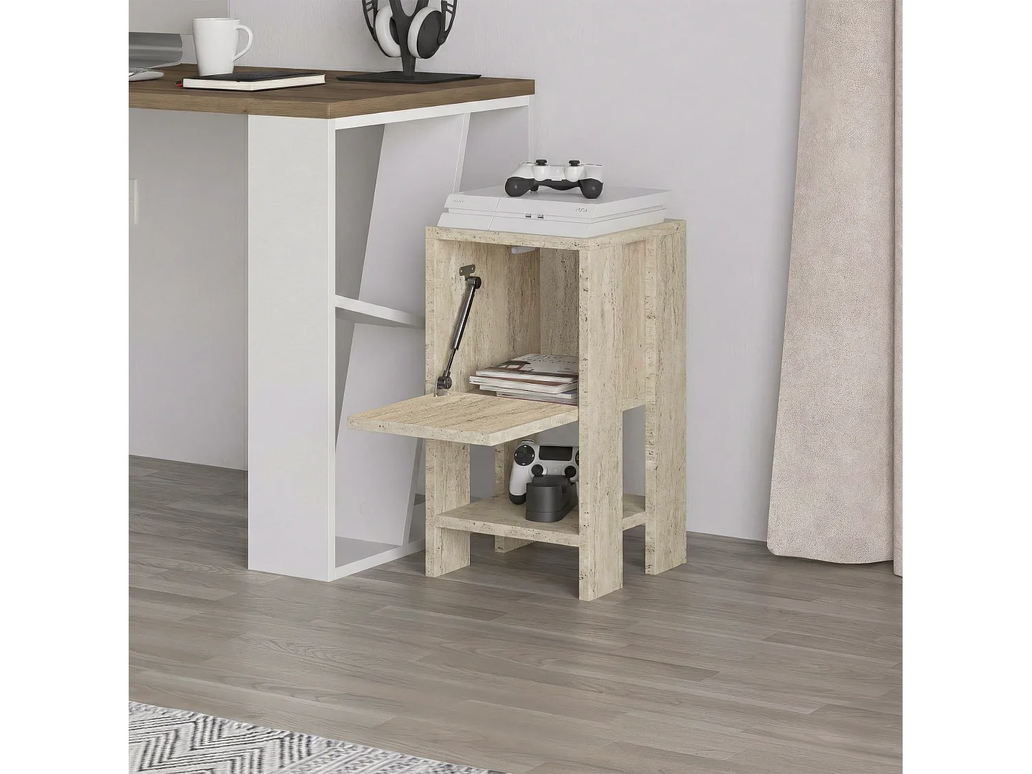 Decortie Ema Table de chevet moderne avec rangements Travertin 30cm de largeur