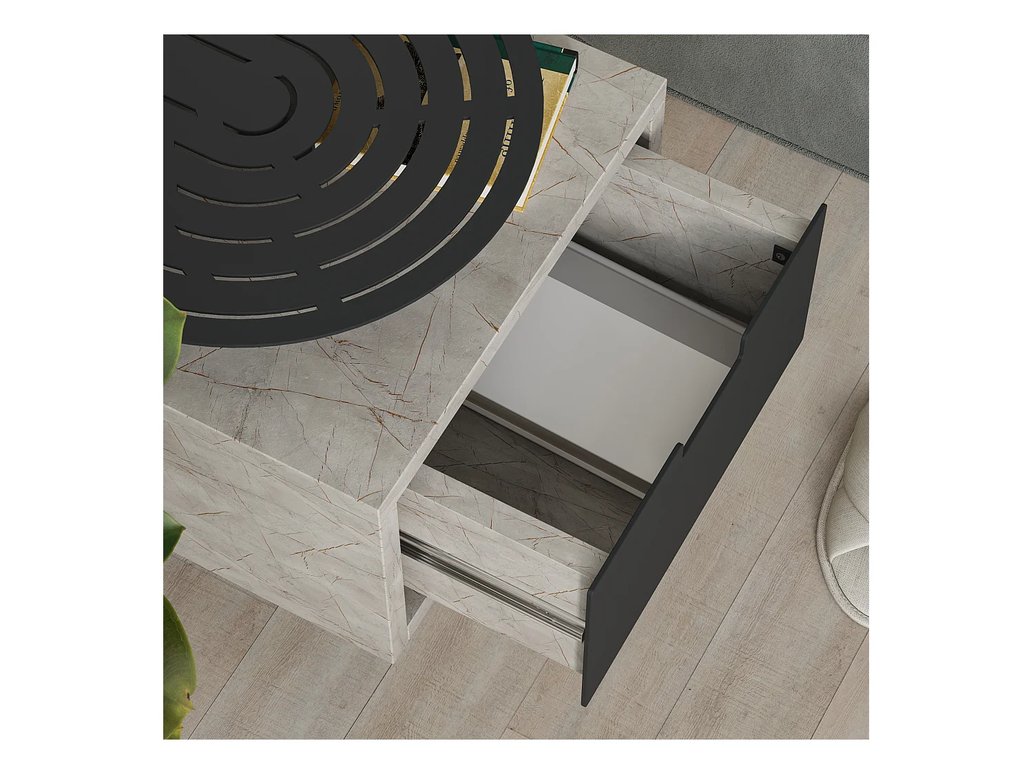 Decortie Modern Oslo Gold Marble Effect Nightstand with Drawer Engineered Wood with Metal Shelf Bedside Table