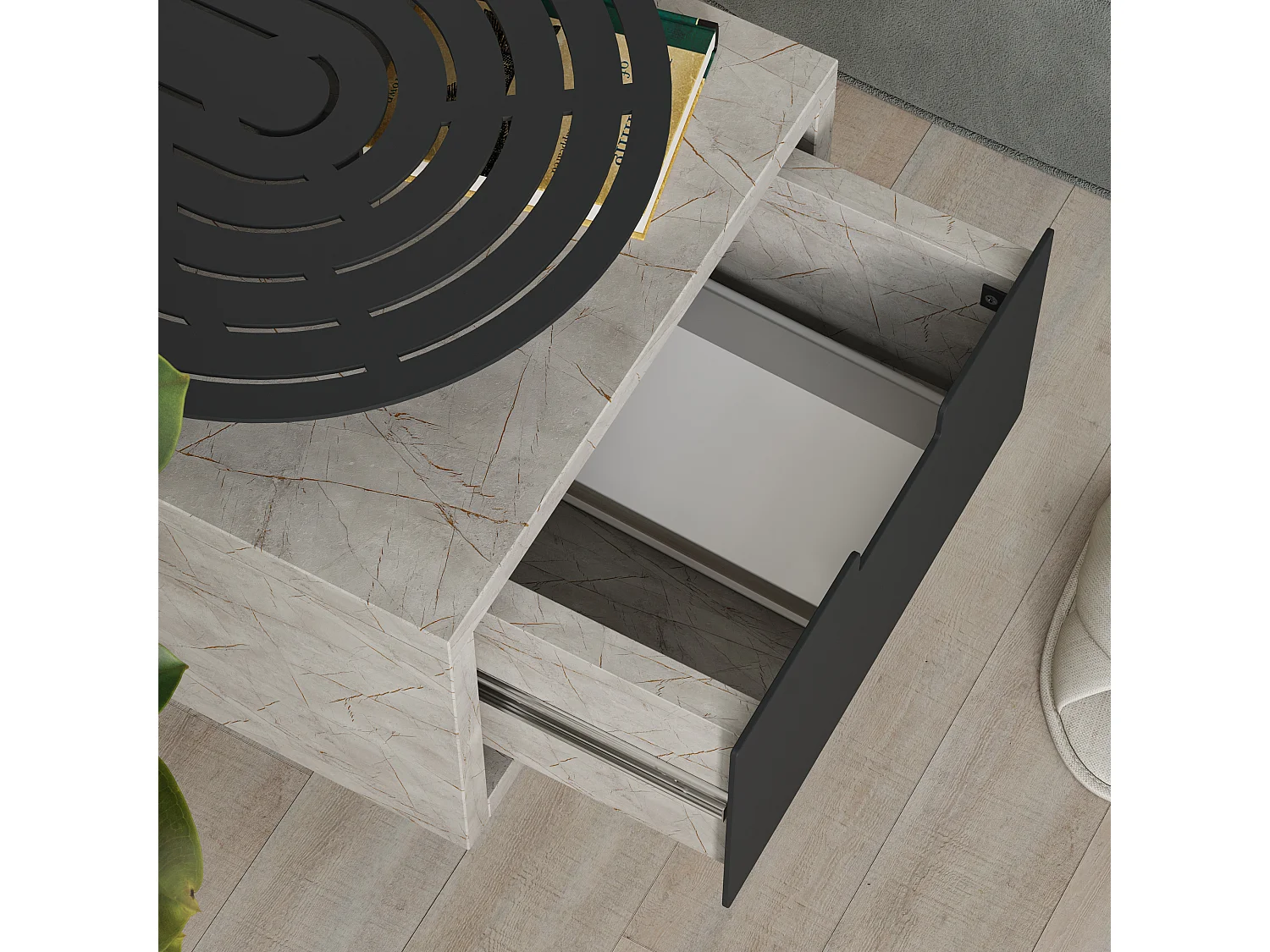 Decortie Modern Oslo Gold Marble Effect Nightstand with Drawer Engineered Wood with Metal Shelf Bedside Table