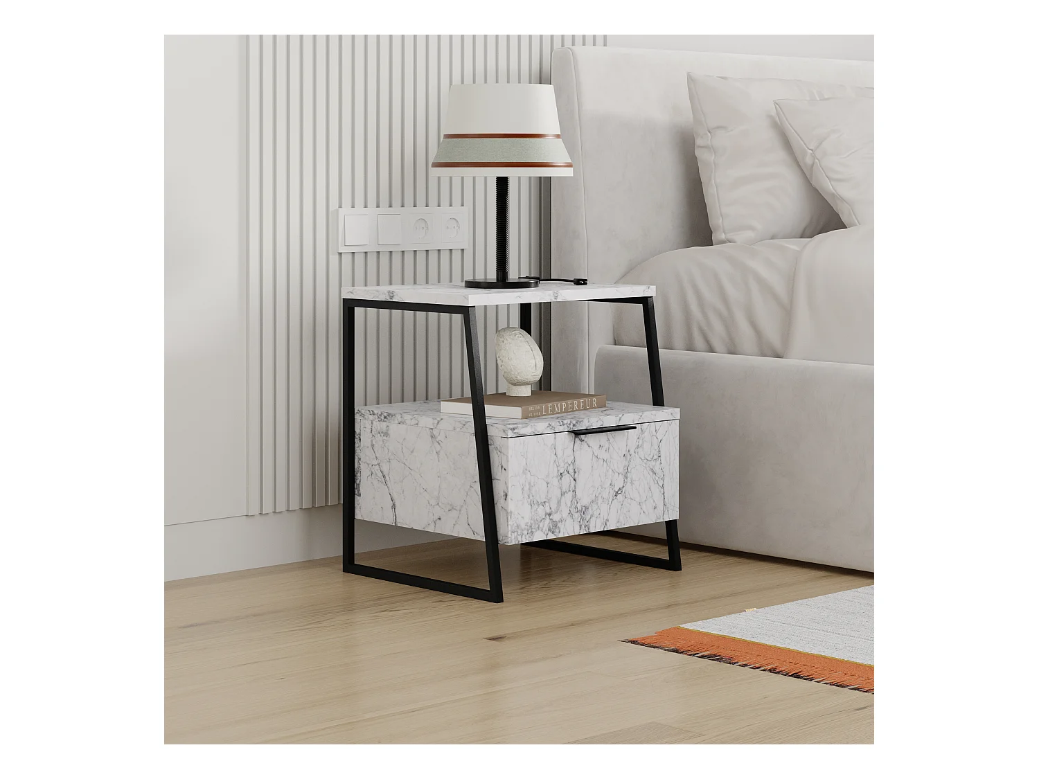 Decortie Pal Table de nuit moderne polyvalente effet marbre blanc