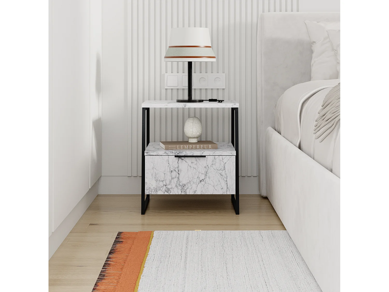Decortie Pal Table de nuit moderne polyvalente effet marbre blanc