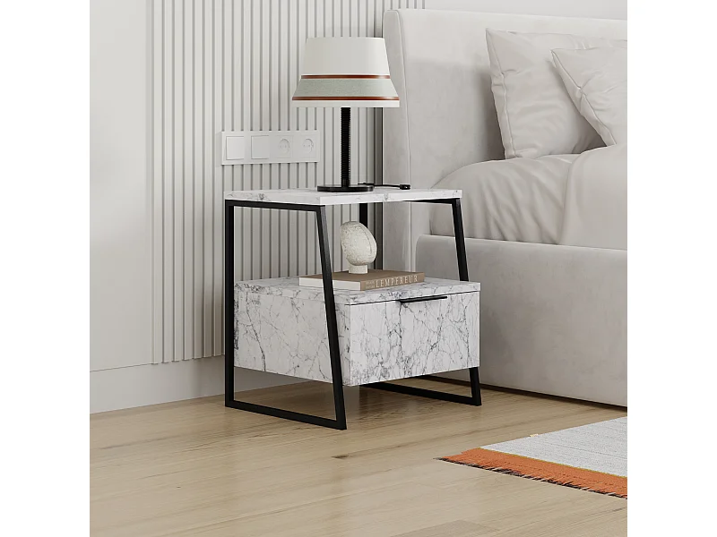 Decortie Pal Table de nuit moderne polyvalente effet marbre blanc