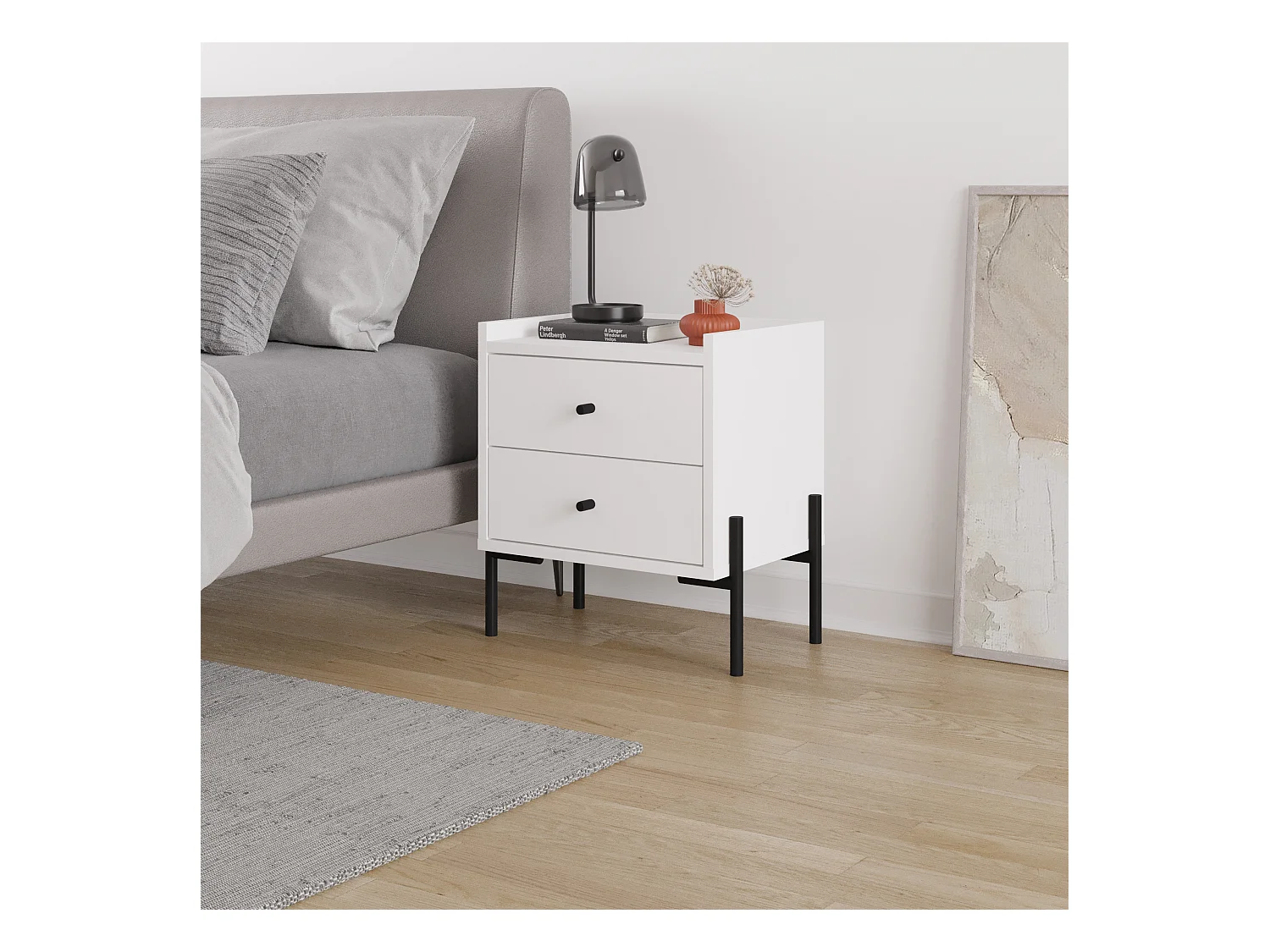 Decortie Table de nuit Malte blanche Decortie avec 2 tiroirs, pieds en métal – Design moderne et compact pour chambre